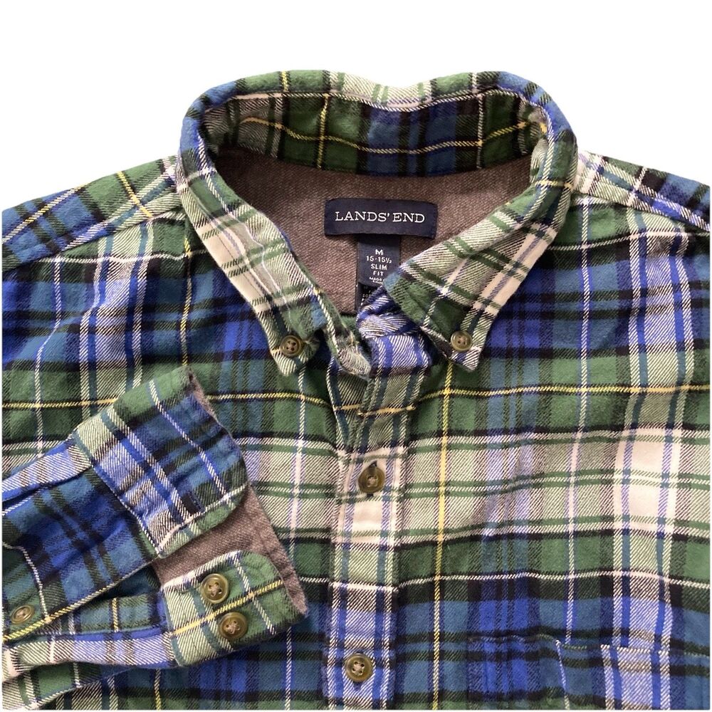 Lands End Men's Flannel Shirt Plaid Blue Green Tailored Fit Size Medium